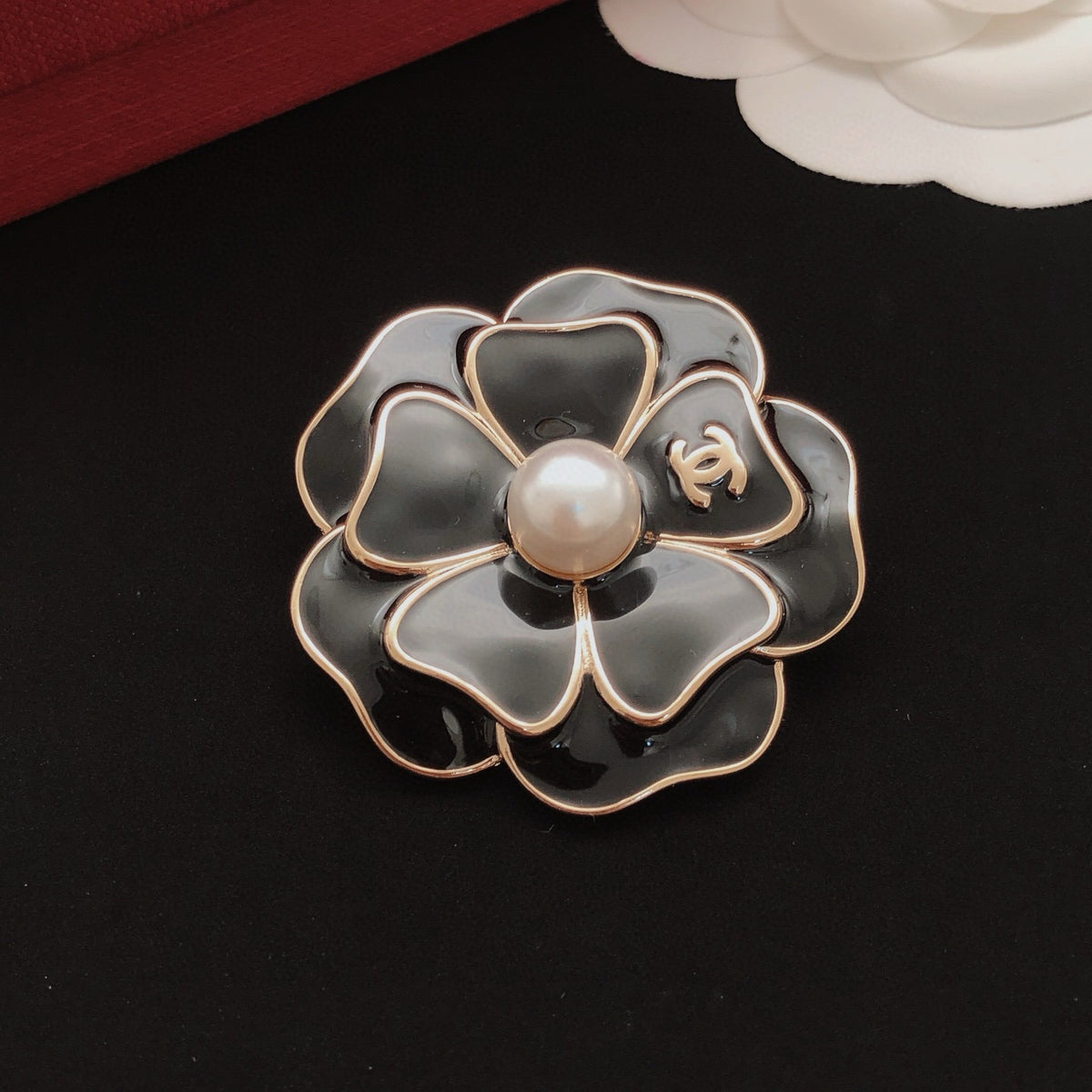 Chanel Black Brass Floral Brooch