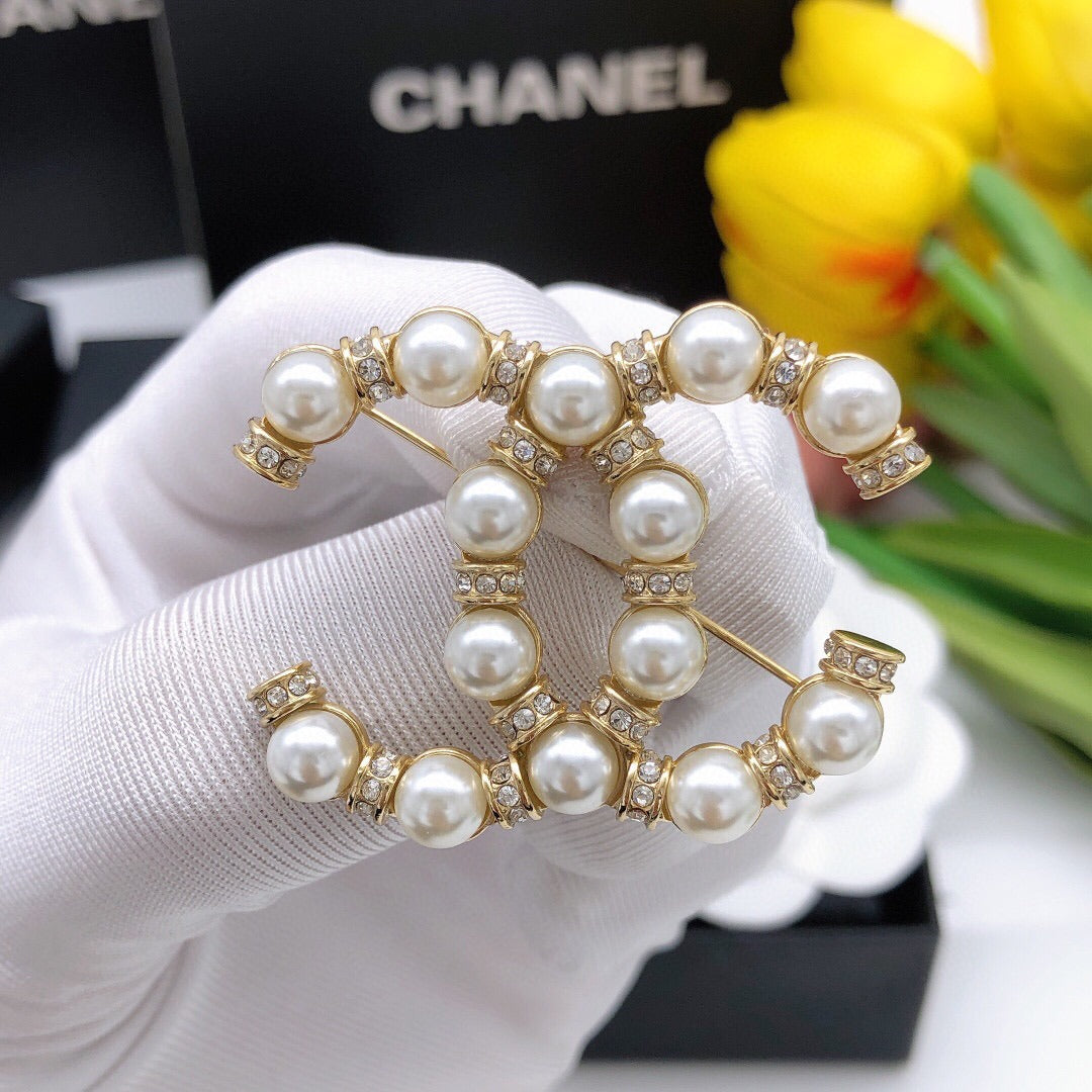 Chanel Brass & Sterling Silver Pearl Brooch