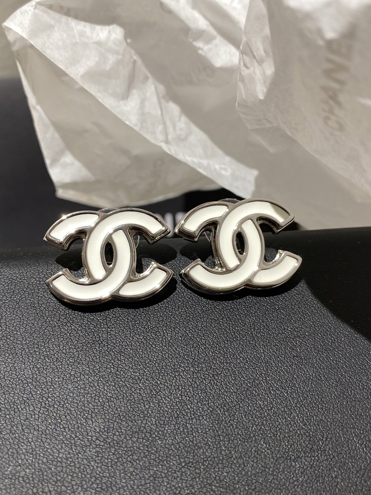 Chanel White Enamel Earrings