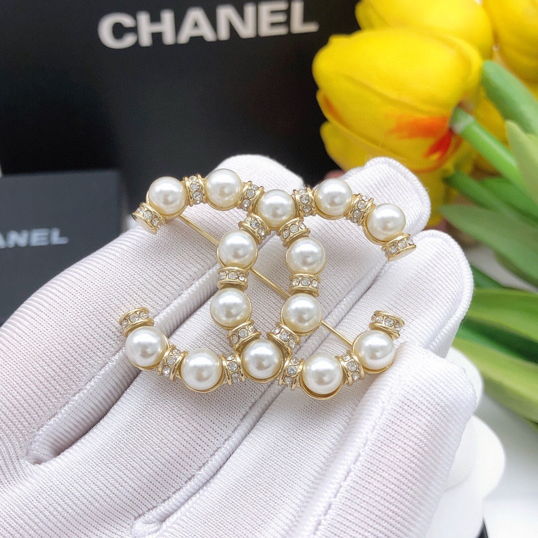 Chanel Brass & Sterling Silver Pearl Brooch