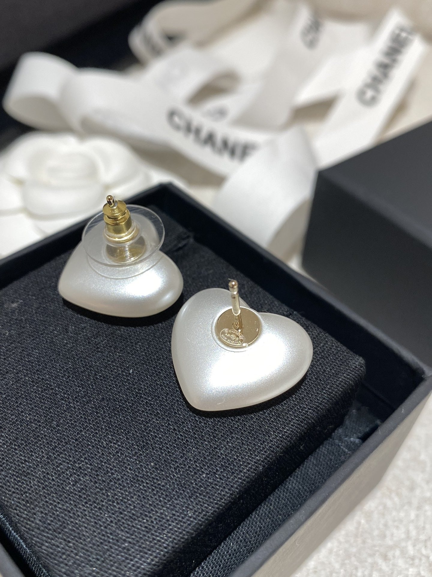 Chanel White Sterling Silver Heart Earrings