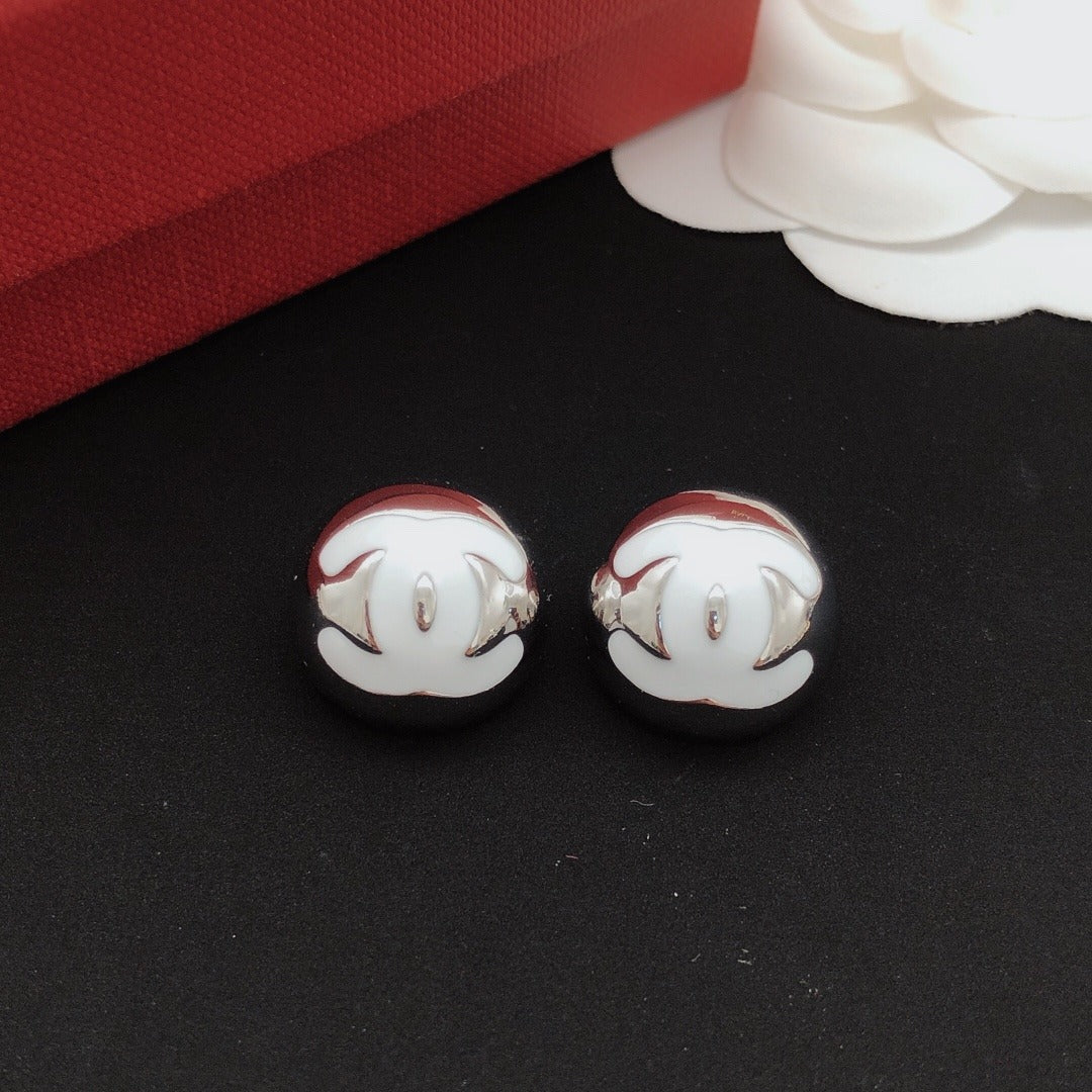 Chanel White Brass Round Earrings