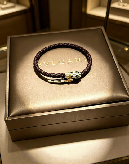 Bvlgari Leather & Sterling Silver Chain Bracelet
