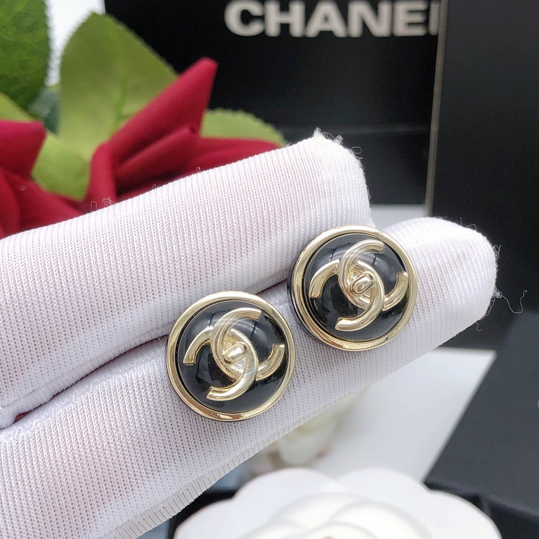 Chanel Black Brass Round Earrings
