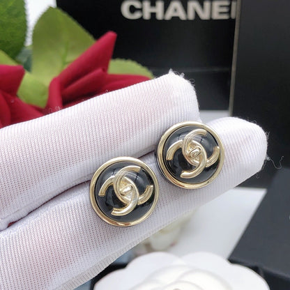 Chanel Black Brass Round Earrings